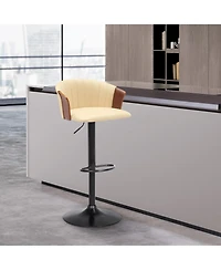 Clihome Leather Adjustable Bar Stool with Wood Arms, Modern Swivel Counter Height Chair, Metal Base Kitchen Stool