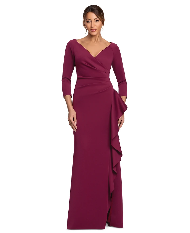 Xscape Women's Scuba Long Sleeve Ruffle Gown