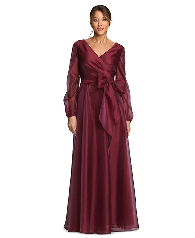 Xscape Women's Metallic Organza Long Sleeve Bow Gown