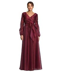 Xscape Women's Metallic Organza Long Sleeve Bow Gown