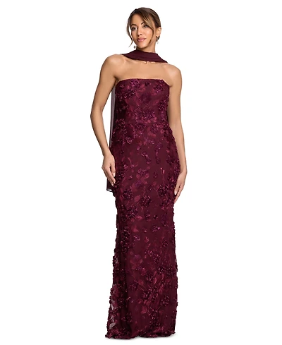Xscape Women's Power Mesh Strapless Scarf Gown