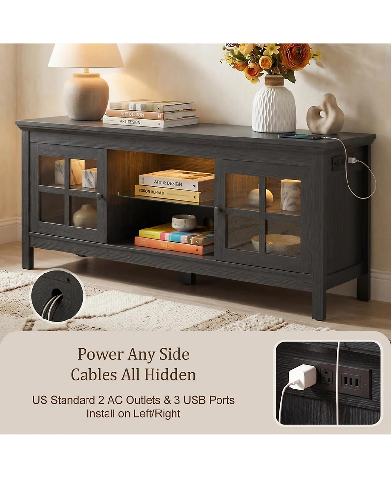 Aheaplus 55" Tv Stand with Charging Station and Led Lights, Glass Display Cabinet Shelves