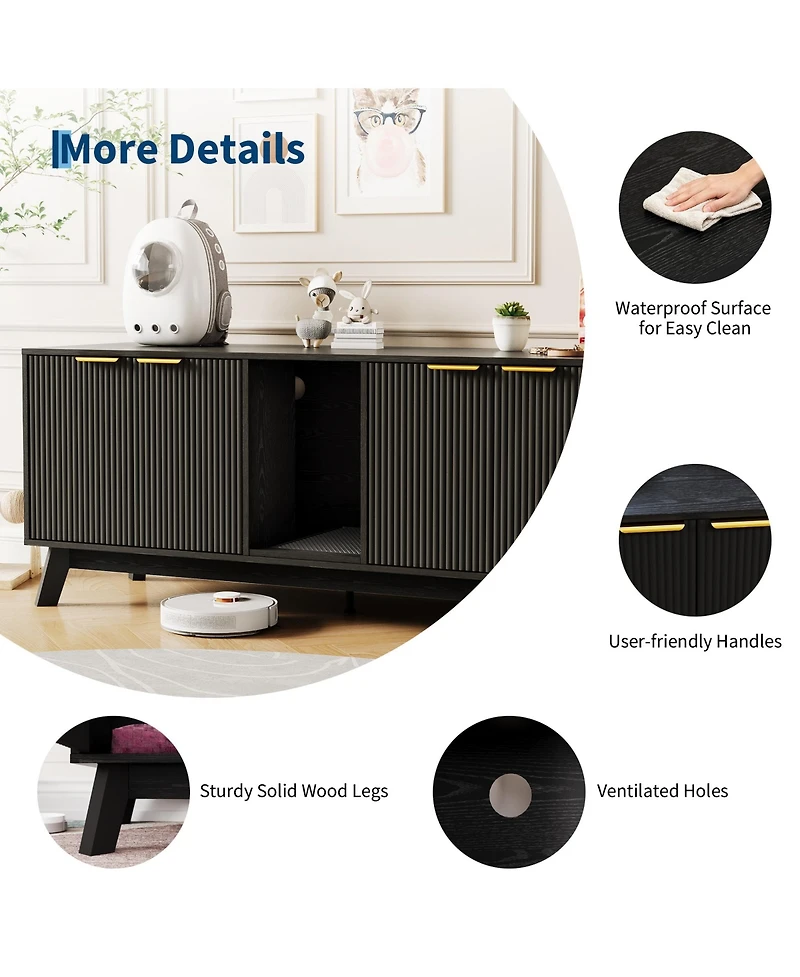 homfan Wooden Cat Litter Box Enclosure – 59" Dual-Room Hidden Furniture with Mat, Indoor Pet House, Tv Stand Side Table, for 2 Cats