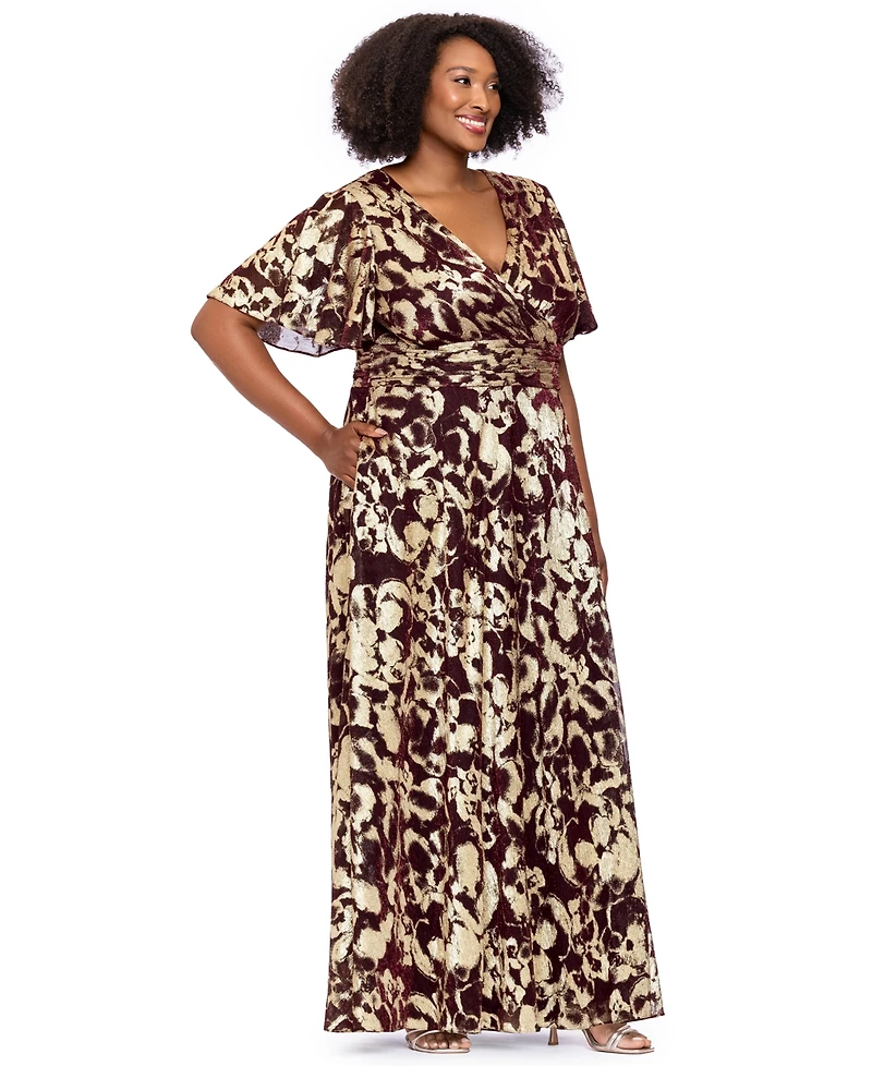 Betsy & Adam Plus Foil Fabric V-Neck Short-Sleeve Gown