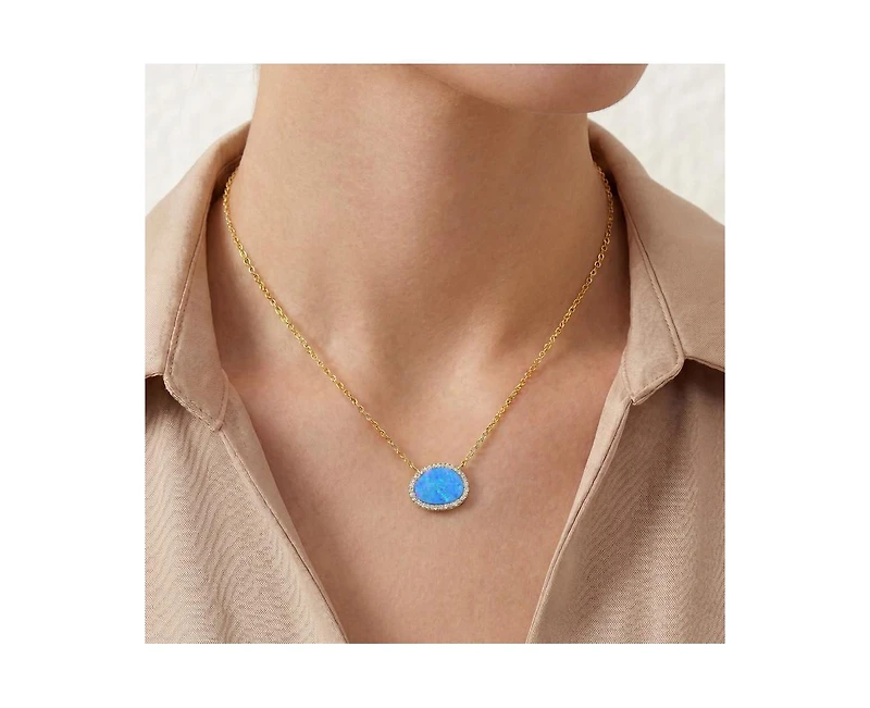 Rachel Glauber 14K Gold Plated Sparkling Oval Opal and Cz Halo Necklace