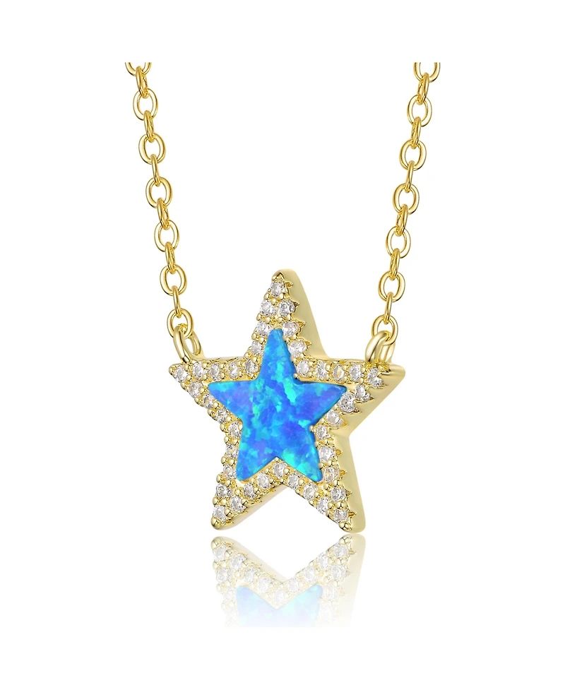 Rachel Glauber 14K Gold Plated Sparkling Star Opal and Cz Halo Necklace