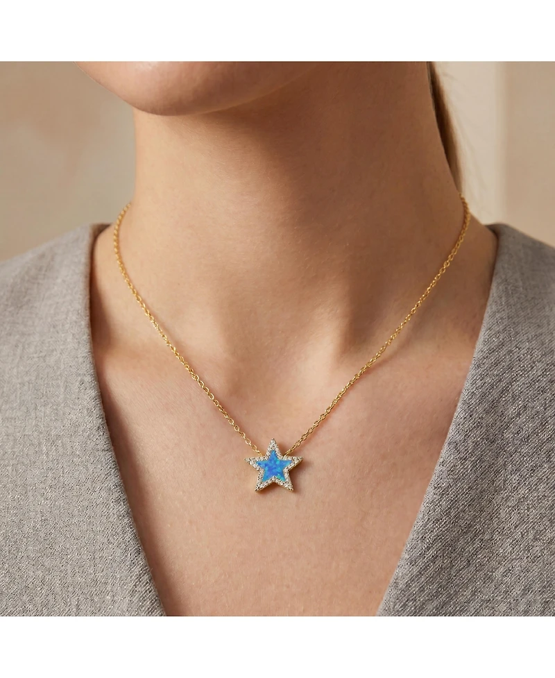 Rachel Glauber 14K Gold Plated Sparkling Star Opal and Cz Halo Necklace