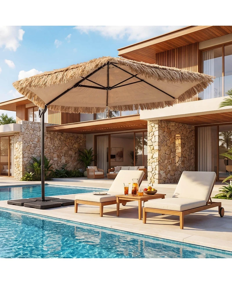 Costway 9.5 Feet Cantilever Tiki Patio Umbrella Set with 220 Lbs Fillable Base for Garden
