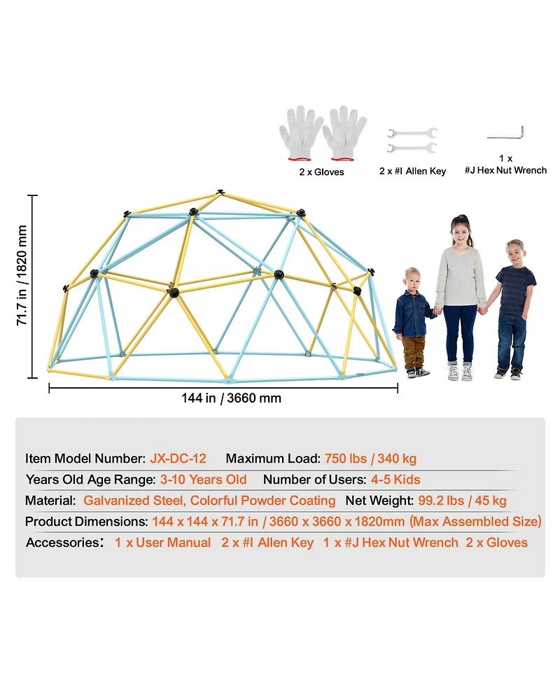 Vevor Climbing Dome 12FT Geometric Dome Climber Jungle Gym for Kids 3-10 Years