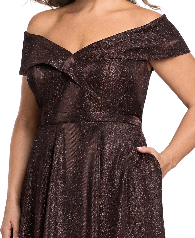 Xscape Plus Off-the-Shoulder Glitter Gown