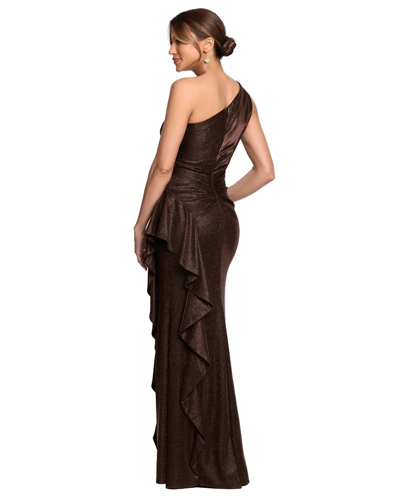 Xscape Petite Glitter Galaxy One-Shoulder Ruched Sheath Gown