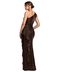 Xscape Petite Glitter Galaxy One-Shoulder Ruched Sheath Gown
