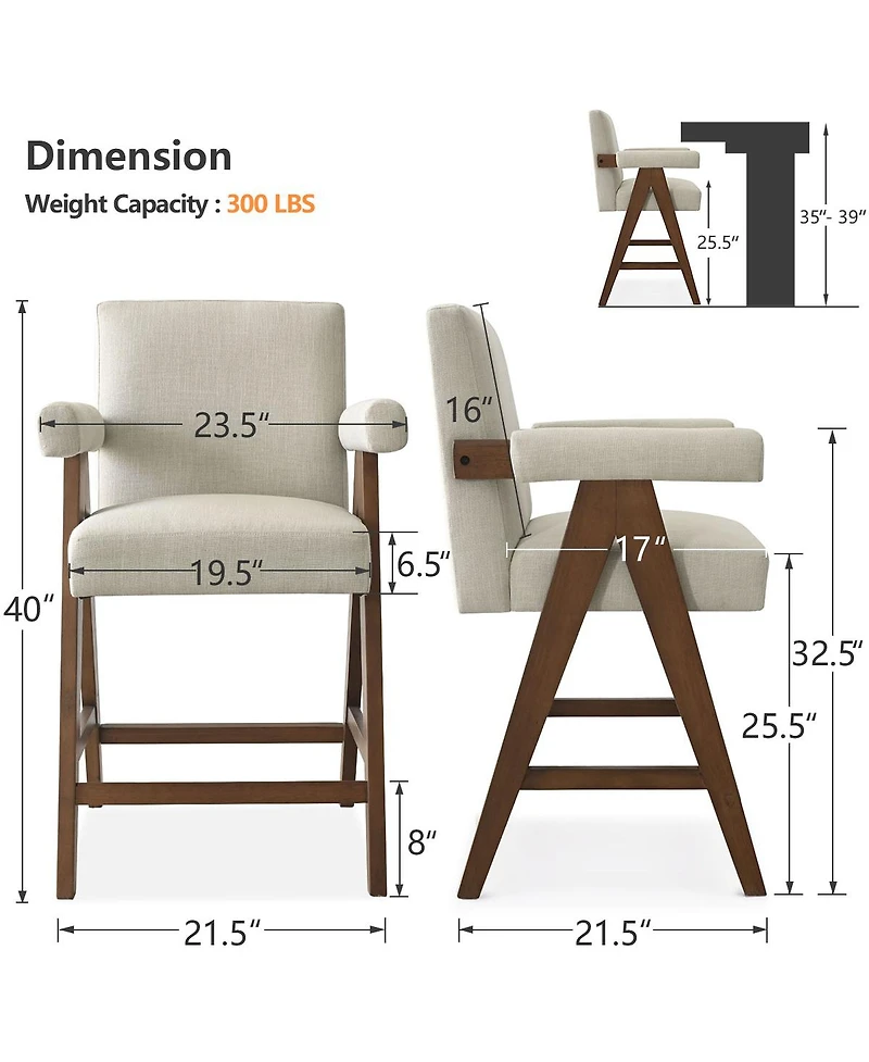 Maison Boucle Set of 4 Mid-Century Modern Counter Height Bar Stool with Arms, Solid Wood Frame, Upholstered Full Back, Footrest