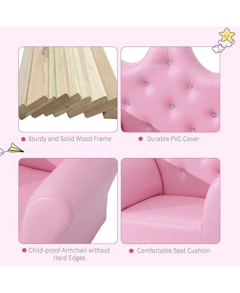 Qaba Kids Sofa Set, Children's Upholstered Sofa with Footstool, Princess Sofa with Diamond Decorations, Baby Sofa Chair for Toddlers, Girls, Pink