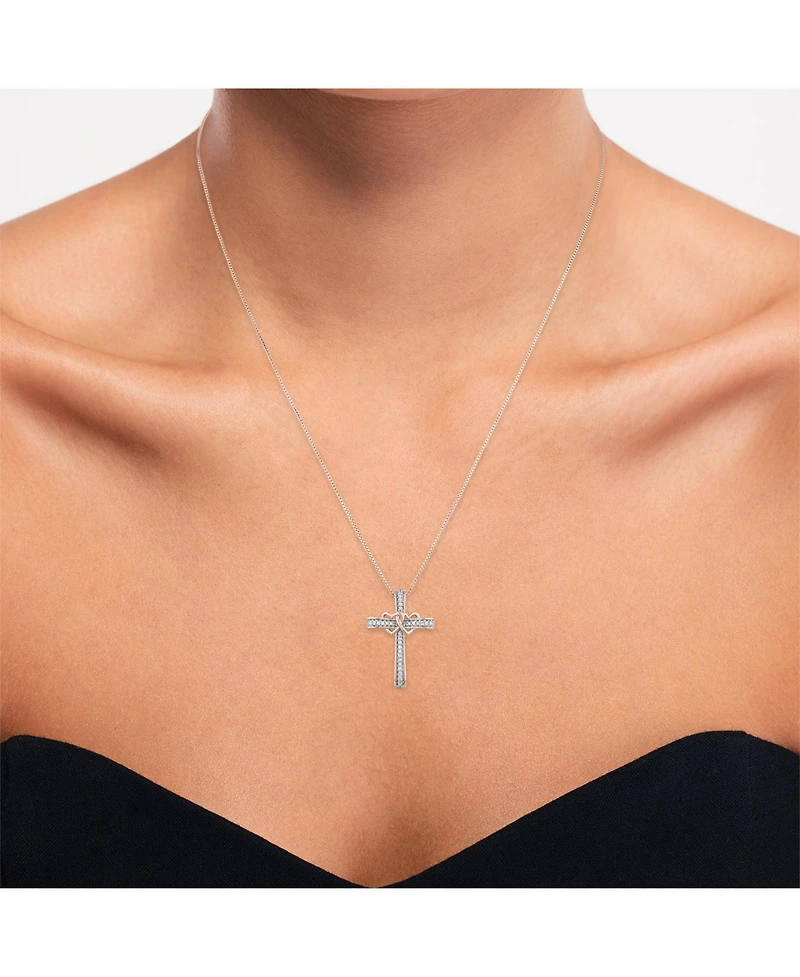 Diamond Heart and Cross 18" Pendant Necklace (1/10 ct. t.w.) in 14k Rose Gold-Plated Sterling Silver