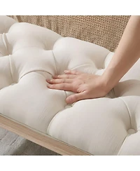 Maison Boucle French Country Tufted Bedroom Bench, 47.2" Cream Linen Upholstered End of Bed Bench, Solid Wood Carved Legs, Entryway Shoe Bench Seat
