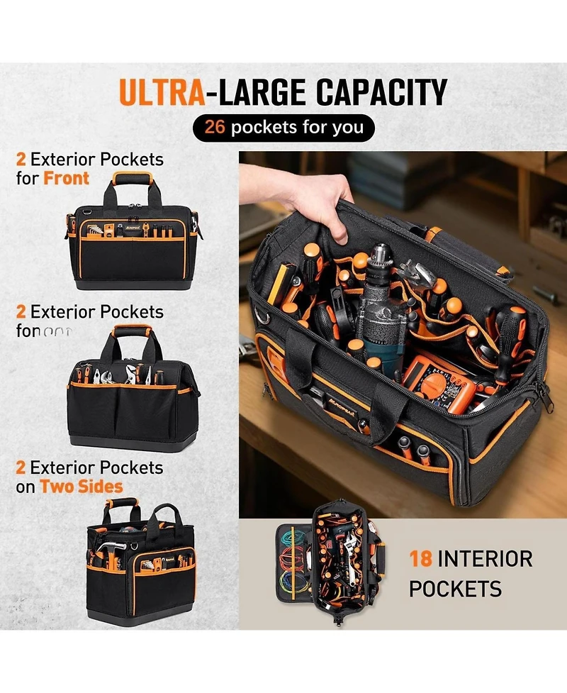 Xdovet Electrician Tool Bag 26 Pockets Hard Bottom Waterproof