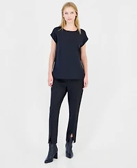 Tahari Asl Women's Sleeveless Fringe Boat Neck Satin Blouse