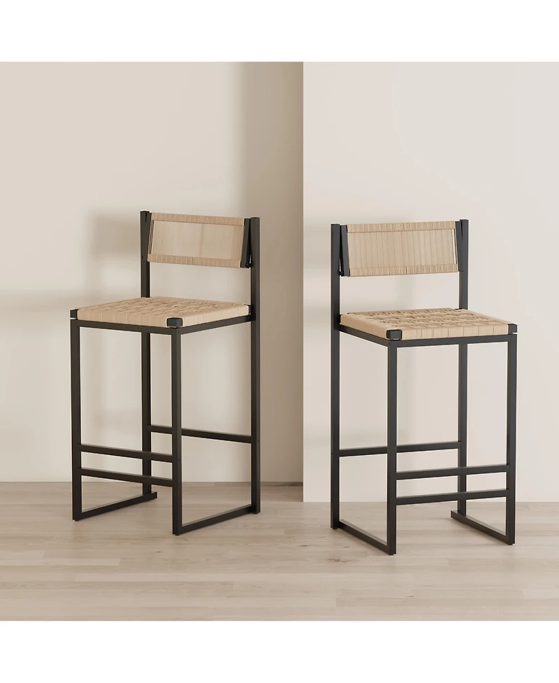 sumyeg Set of 2 Kitchen Bar Stools with Footrest Paper Rope Woven Counter Height Dining Chairs for Home Kitchen Use