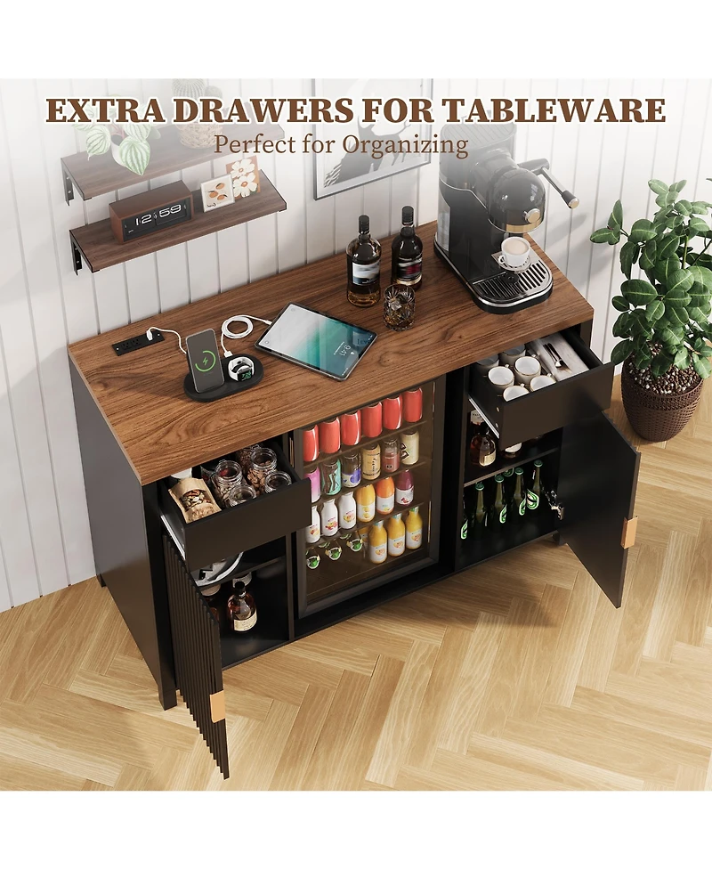 homfan 53" Coffee Bar Cabinet with Fridge Space Charging Station, Wine Rack and Fluted Liquor Cabinet for Dining Room and Kitchen