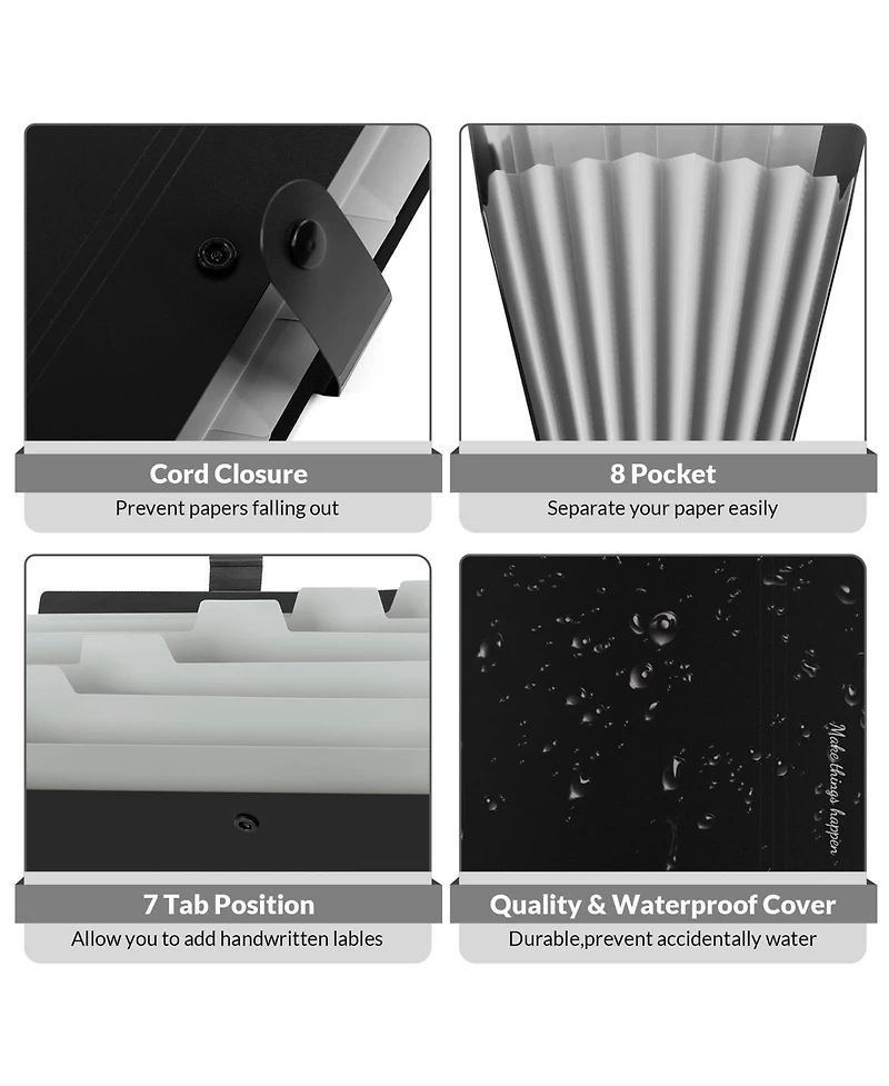 Danrong 8 Pockets Accordion File Organizer Expanding Folders Portable Document A4 Letter Snap Closure Pack Of 4