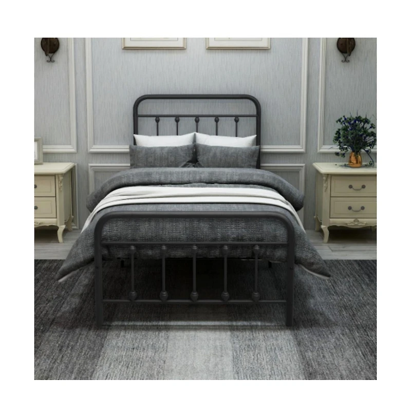 Lucky One Twin Size Metal Platform Bed Frame with Victorian Headboard and Footboard, Steel Slats, No Box Spring Needed, Under-Bed Storage