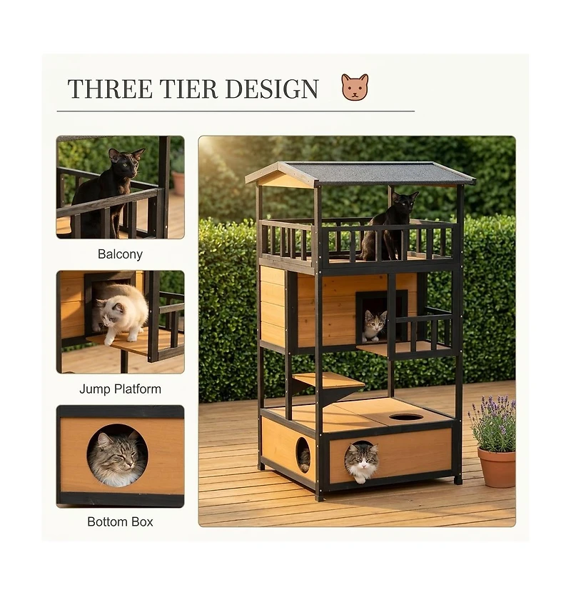 Ruie Wooden Outdoor Cat House Feral Cat Shelter with Asphalt Roof