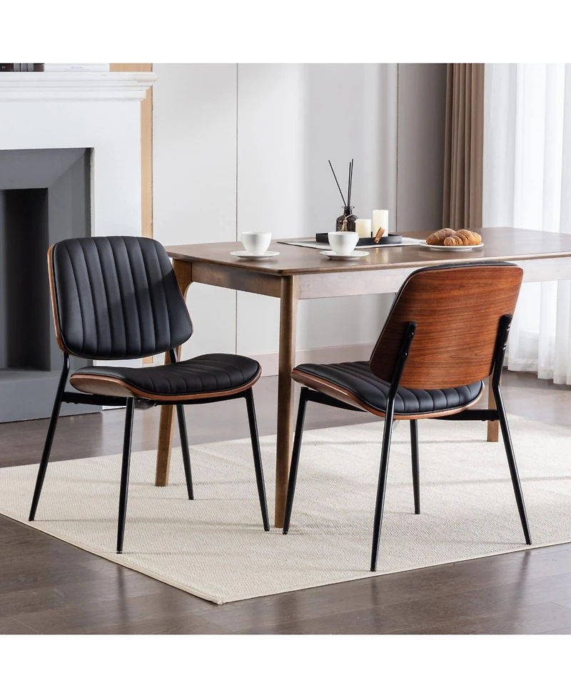 Clihome 2 Pieces Dining Chairs, Retro Faux Leather Chair With Walnut Bentwood Back Upholstered Seat
