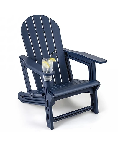 Gymax Adirondack Chair Hdpe All-Weather Fire Pit Chair with Cup Holder and Wooden Texture