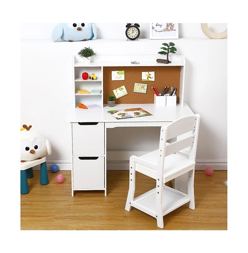 homfan Kids Study Desk and Chair Set with Bookshelf, Bulletin Board and Cabinets Wooden Vanity for Boys and Girls Ages 3-8 for Bedroom or Playroom