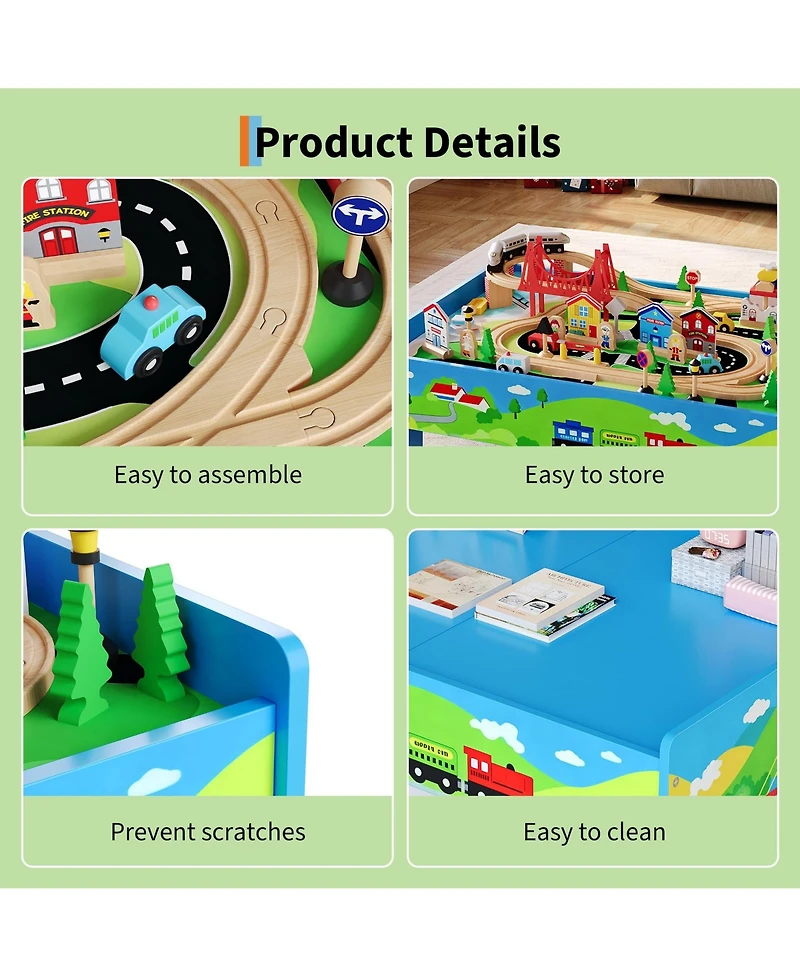 homfan Train and City 2 in 1 Reversible 80-Piece Wooden Activity Table, Ages 3+
