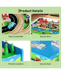 homfan Train and City 2 in 1 Reversible 80-Piece Wooden Activity Table, Ages 3+