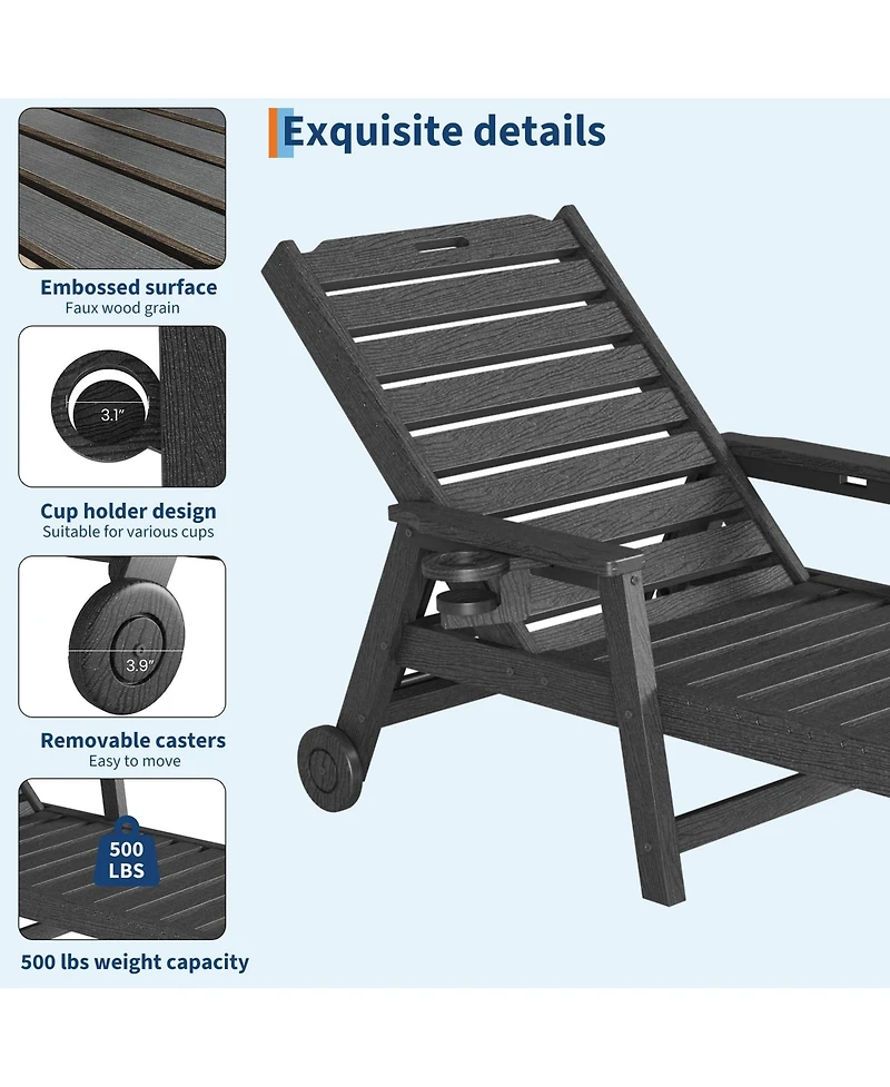 homfan Patio Chaise Lounge Chair Hdpe with Rolling Wheels, Cup Holder and 5-Position Backrest, All-Weather Lounger for Pool and Beach