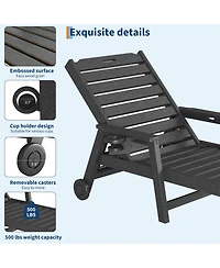 homfan Patio Chaise Lounge Chair Hdpe with Rolling Wheels, Cup Holder and 5-Position Backrest, All-Weather Lounger for Pool and Beach