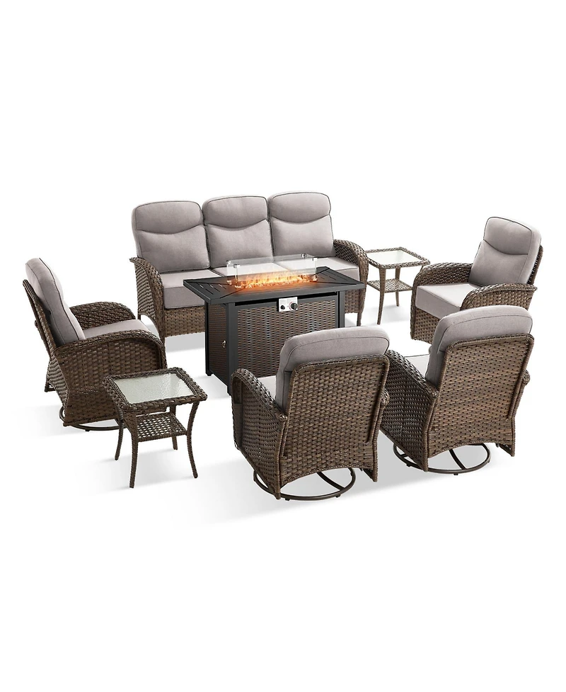 Pocassy 8 Piece Outdoor Furniture Set with 6-inch Cushions, Wicker Conversation Swivel Rocker Chairs and Ottomans, High Back