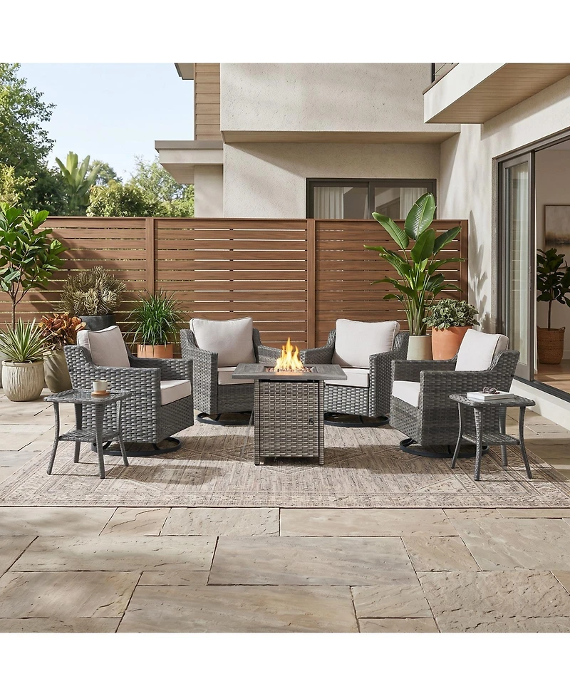 Pocassy 7-Piece Outdoor Conversation Set with Fire Pit Table, 4 Swivel Rocking Chairs and 2 Side Tables, All-Weather Pe Rattan and Steel Frame