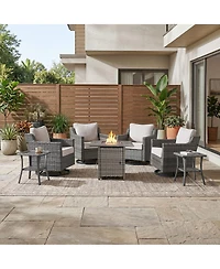Pocassy 7-Piece Outdoor Conversation Set with Fire Pit Table, 4 Swivel Rocking Chairs and 2 Side Tables, All-Weather Pe Rattan and Steel Frame