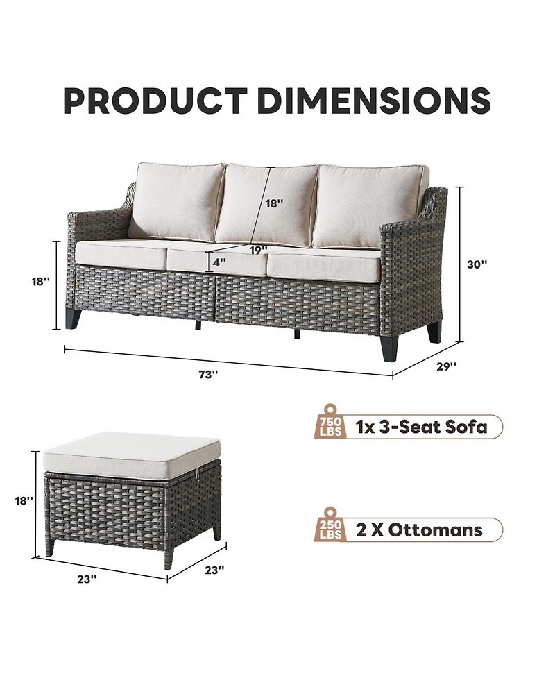 Pocassy 3 Pieces Patio Furniture Set All-Weather Outdoor Wicker Sofa Couch with Cushion and Ottomans