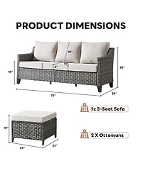 Pocassy 3 Pieces Patio Furniture Set All-Weather Outdoor Wicker Sofa Couch with Cushion and Ottomans