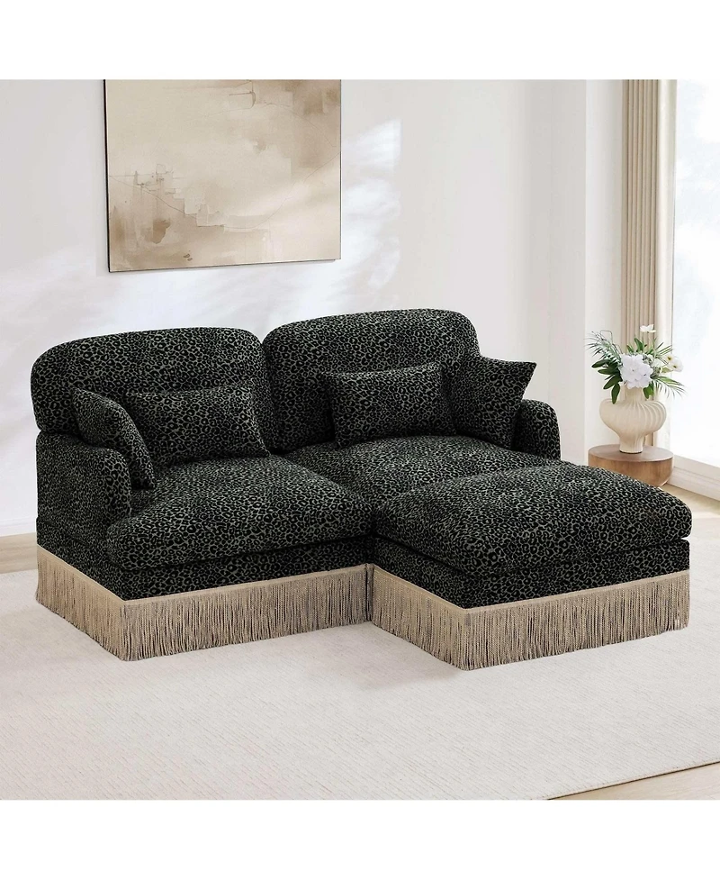 Maison Boucle Deep Seat Loveseat Sofa with Movable Ottoman, Leopard Print Chenille, Tassel Skirt Trim, Easy Assembly