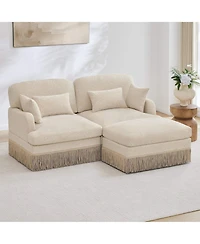 Maison Boucle Deep Seat Loveseat Sofa with Movable Ottoman, Leopard Print Chenille, Tassel Skirt Trim, Easy Assembly