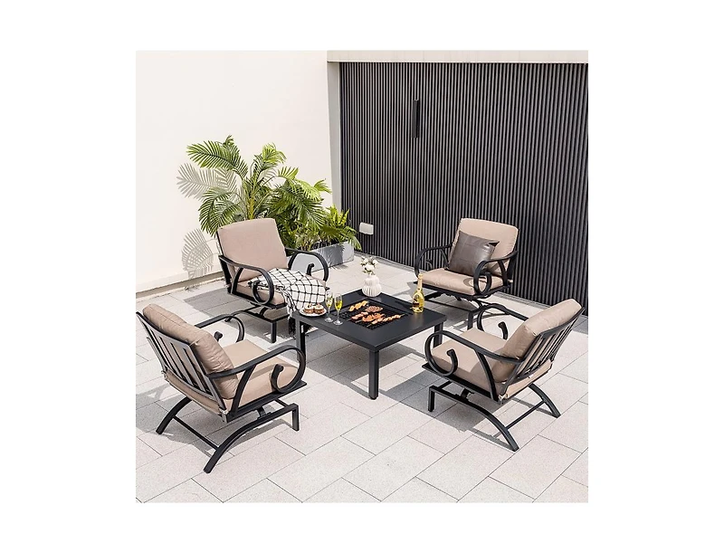 Mondawe 5 Pieces Patio Rocking Chairs and 4-in-1 Fire Pit Table with Fire Poker