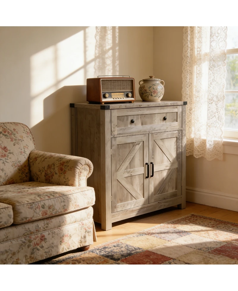 Clihome Wood-Grain Top Farmhouse Barn-Door Storage Cabinet