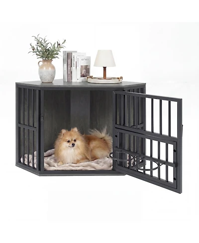 Ruie 35.5 Inch Wooden Dog Kennel End Table with 3 Position Bowl Rack