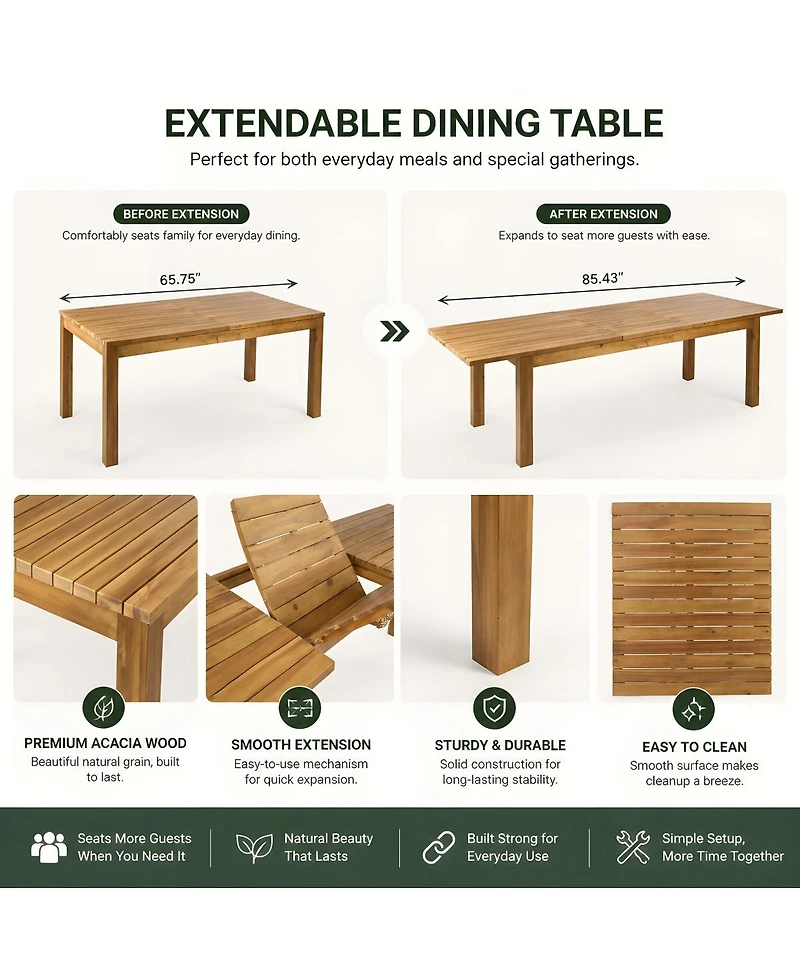 Asagikoiai 7-Piece Acacia Wood Outdoor Dining Set, Expandable Patio Table and 6 Chairs