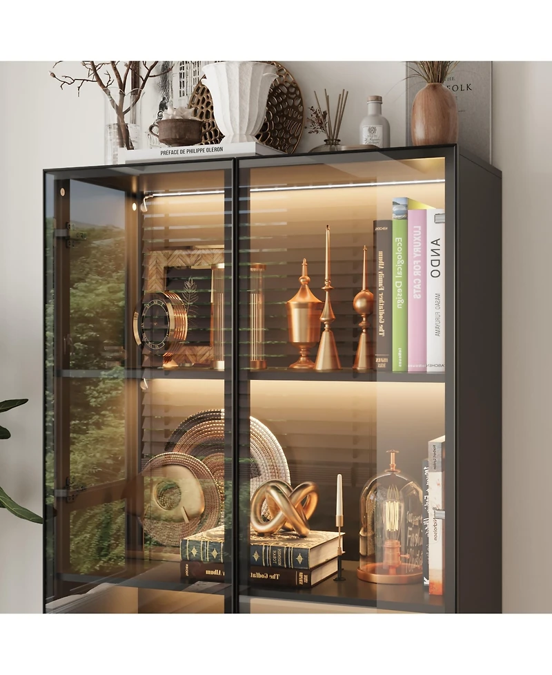 Famapy Display Cabinet with 2 Glass Doors and Lights, 4-Tier Storage Shelves and 2 Drawers