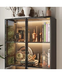 Famapy Display Cabinet with 2 Glass Doors and Lights, 4-Tier Storage Shelves and 2 Drawers