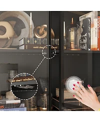 Famapy Display Cabinet with 2 Glass Doors and Lights, 4-Tier Storage Shelves and 2 Drawers