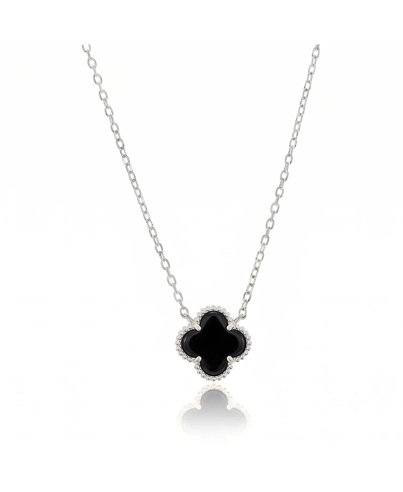 Simona Sterling Silver, Onyx Clover, Beaded Outline Necklace
