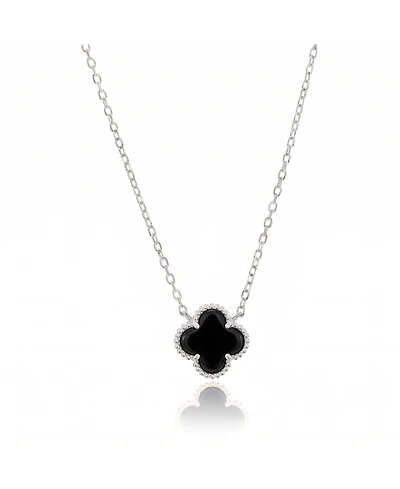 Simona Sterling Silver, Onyx Clover, Beaded Outline Necklace